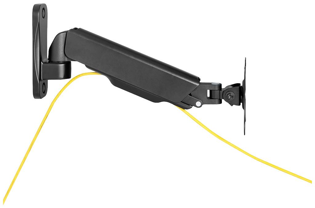 A height-adjustable monitor arm viewed from the side, mounted on a wall. A yellow cable runs along the arm.