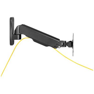 A height-adjustable monitor arm viewed from the side, mounted on a wall. A yellow cable runs along the arm.