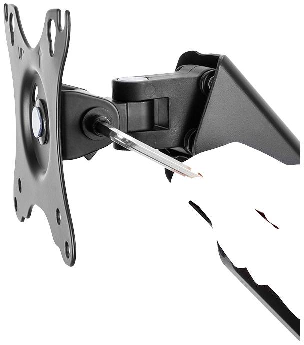 Two hands are mounting a black TV bracket on the wall. One hand is holding the tool, while the other is stabilising the bracket.