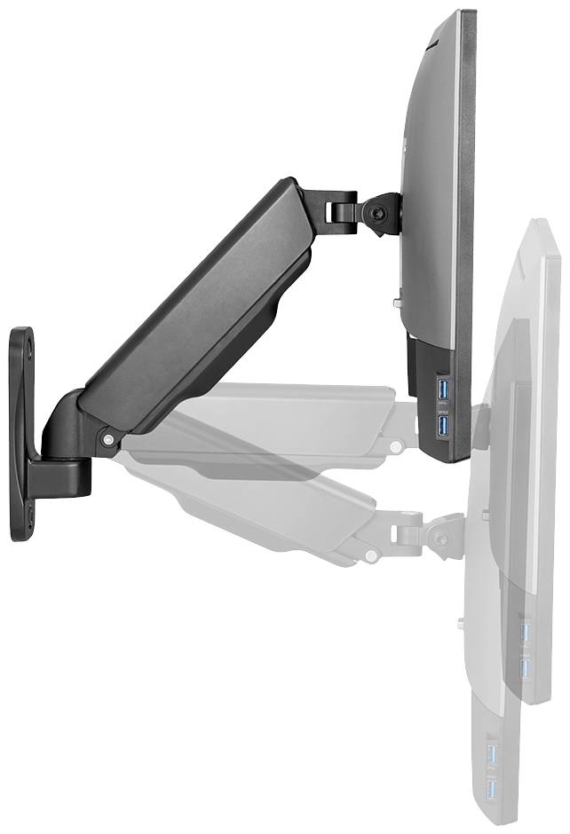 Wall-mounted monitor bracket that allows various tilt angles. Demonstrates movement from vertical to downward-tilted position.