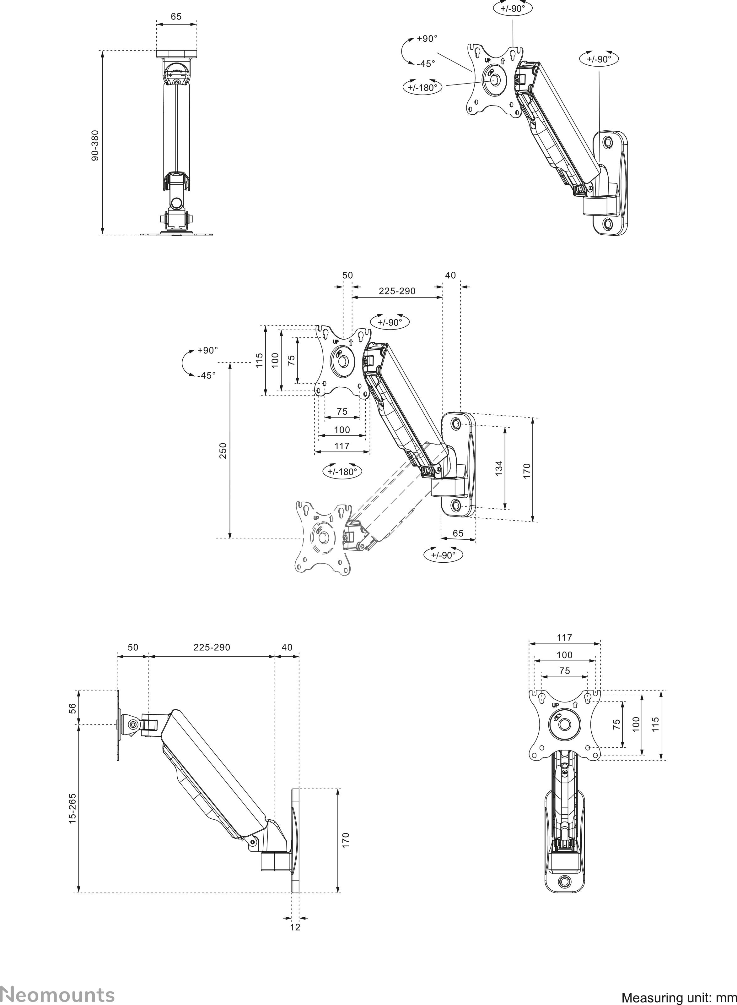 'Drawing of a monitor arm with adjustable angles and dimensions. Height, rotation, and tilt options specified in millimetres.'