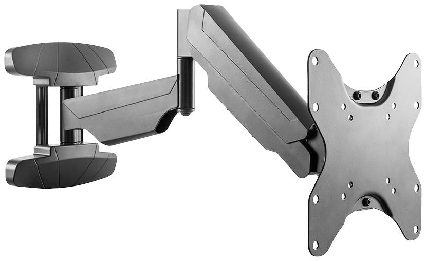 Adjustable metal monitor mount with multiple joints for wall mounting. Ideal for flexible positioning of a display screen.