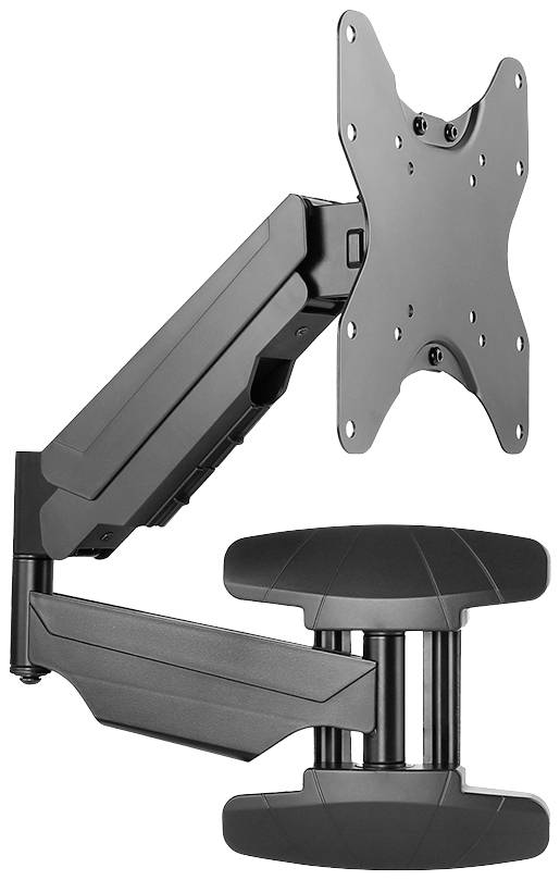 Ergonomic monitor arm in black metal, adjustable and pivoting, suitable for wall mounting.