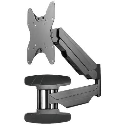 The image shows a black, adjustable wall mount for monitors or televisions. It features multiple joints for flexible positioning.