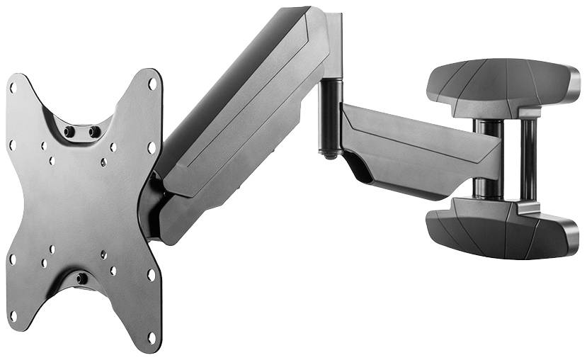 Black, adjustable monitor wall mount with articulated joints for position adjustment.