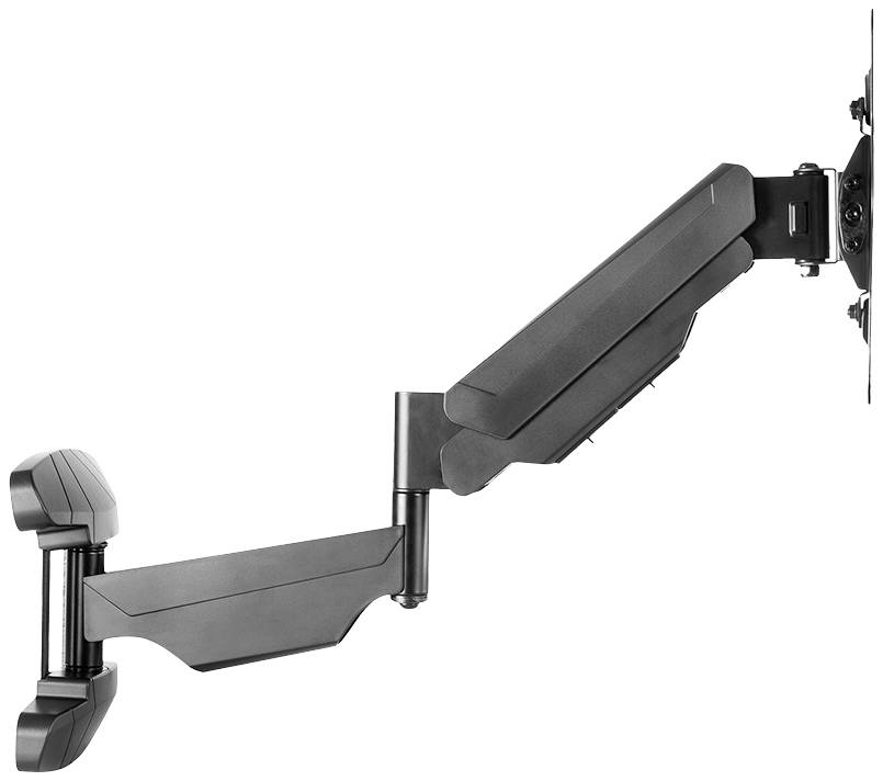 A height-adjustable black metal monitor arm mounted on a wall bracket, featuring a screen mounting bracket.