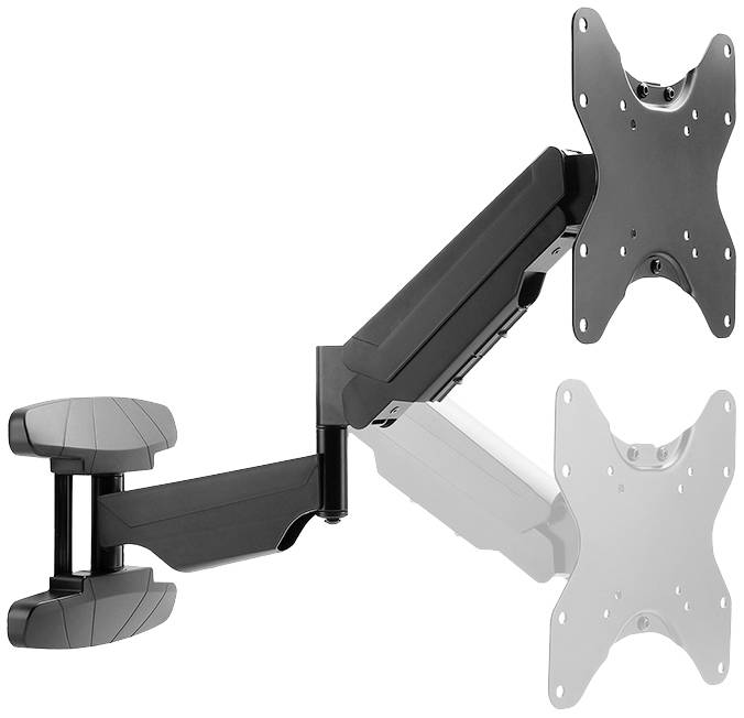 Monitor mount with two articulated arms and VESA mounting plates, enabling flexible positioning of screens on a wall.