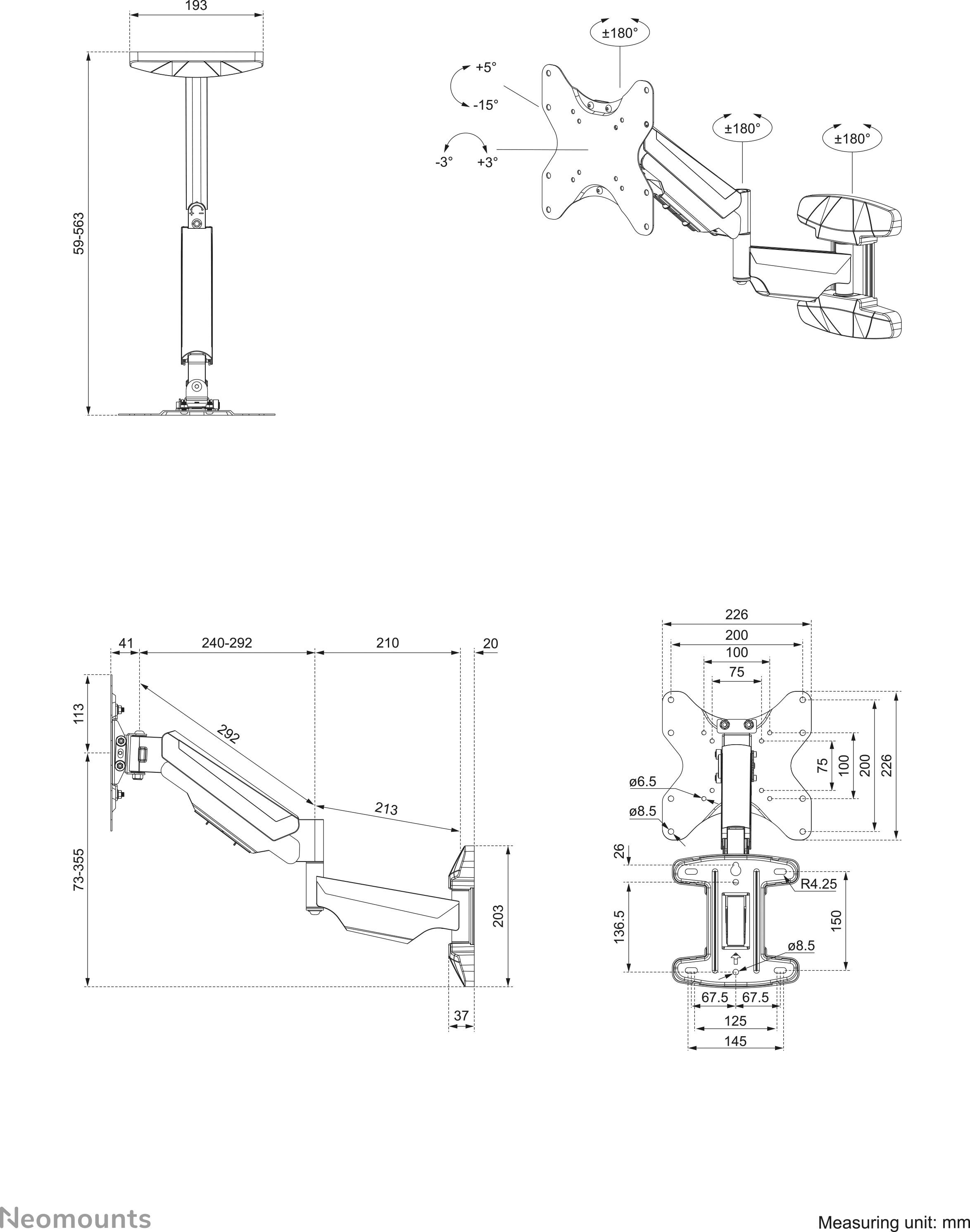'Detailed technical drawing of a monitor arm with dimensions in millimetres. Includes various views and mounting options.'