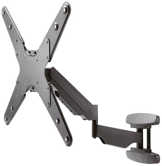 Swivel TV wall mount in black metal with X-shaped fixing bracket. It is flexibly adjustable for various viewing angles.