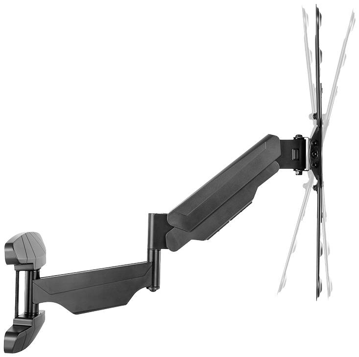 A black, adjustable TV wall mount with two articulating arms for flexible screen positioning.