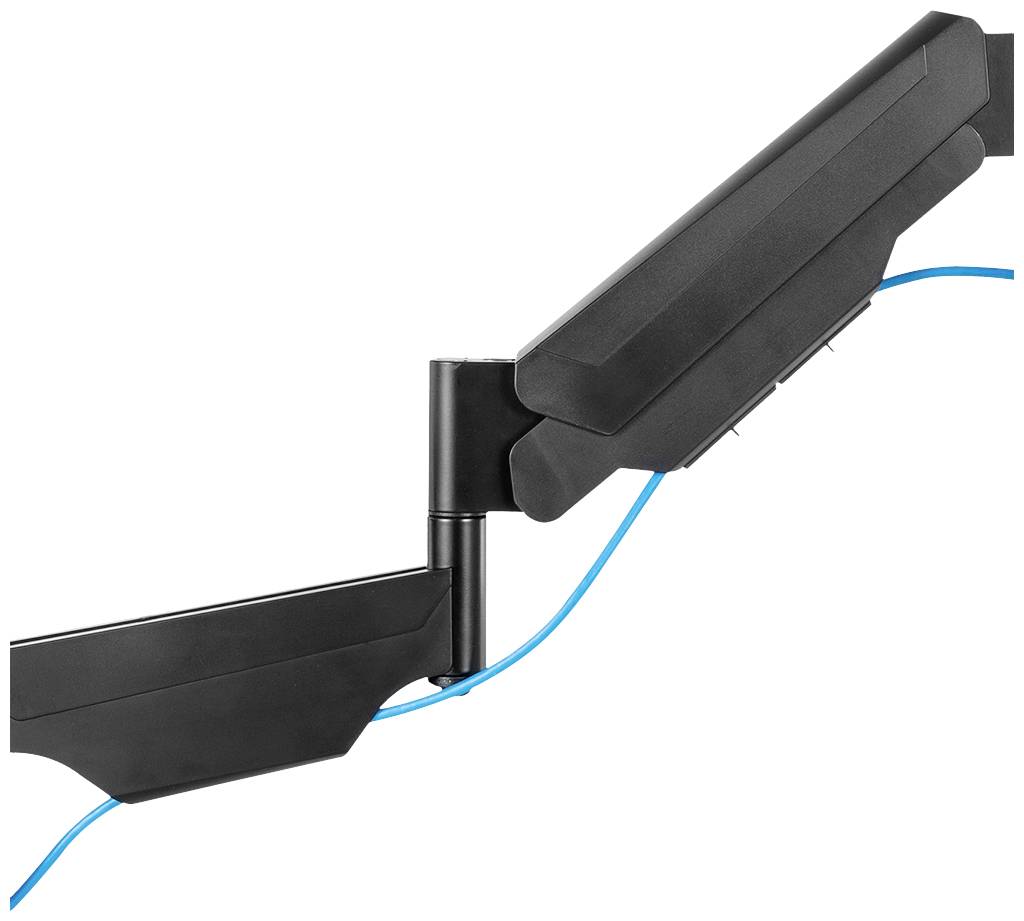 Black articulated arm with blue cables running through cable channels. Suitable for neatly routing cables along table edges.