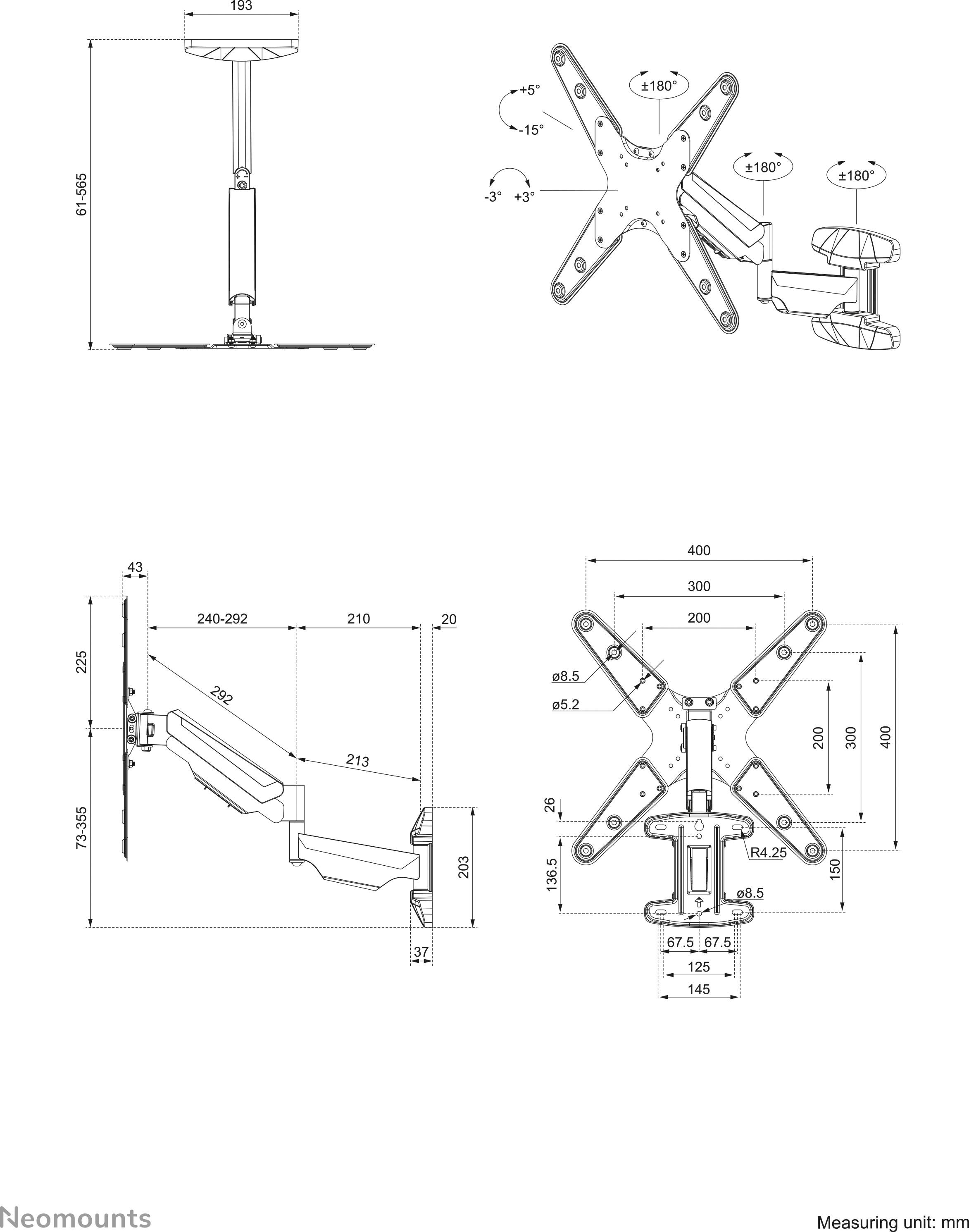 A technical drawing shows a screen mount with adjustable articulated arms and dimensions. The unit of measurement is millimetres.