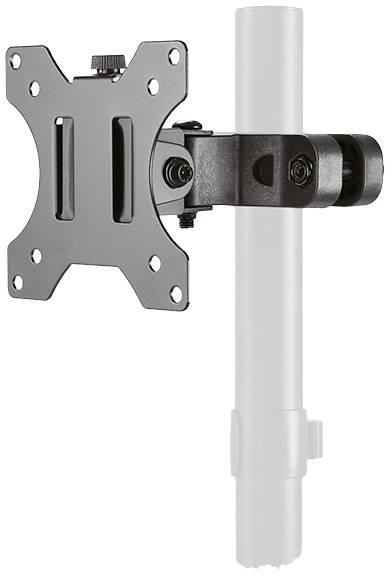 'Black metal monitor mount attached to the side of a silver vertical pole.'