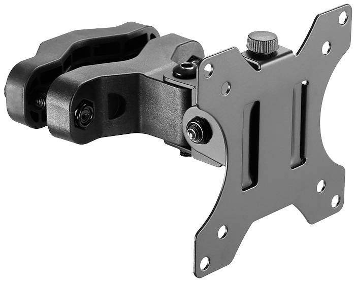 Metal monitor wall mount, compatible with VESA-standard displays, featuring an adjustable arm and clamp system.