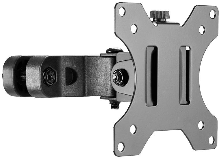 Black, pivoting wall mount for flat screens, with four mounting holes and a swivel joint for flexible positioning.