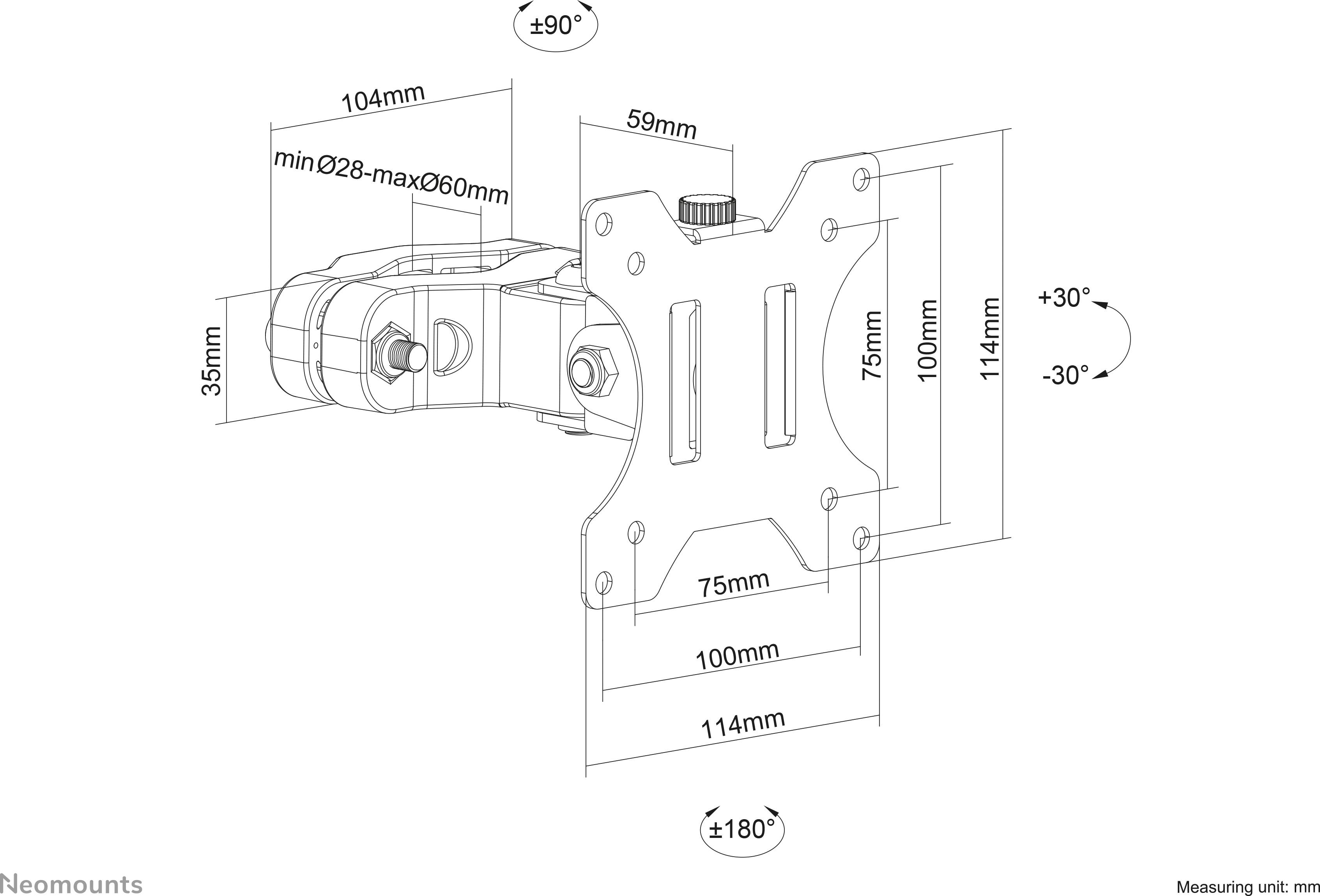 'Sketch of a monitor mount with adjustable angles and dimensions in mm. Mounting radius 28-60 mm, tilt: +30°/-30°, rotation: ±90°.'