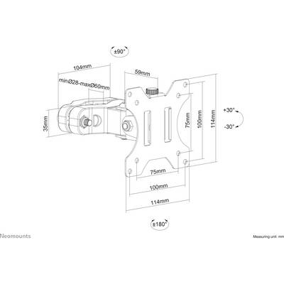 'Sketch of a monitor mount with adjustable angles and dimensions in mm. Mounting radius 28-60 mm, tilt: +30°/-30°, rotation: ±90°.'