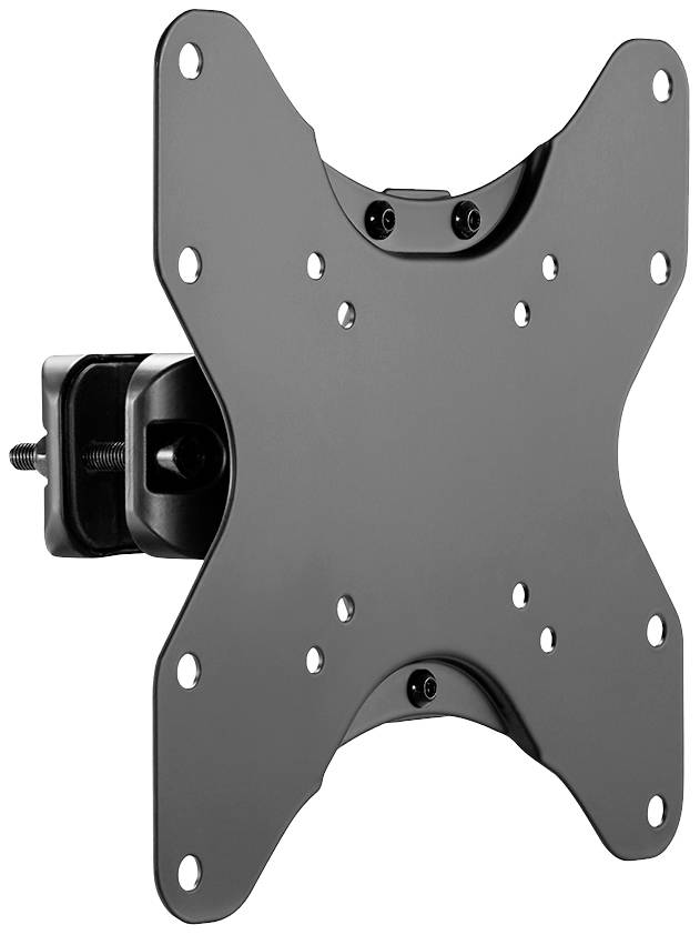 A black, rectangular TV wall mount with multiple screw holes for flexible mounting of flat-screen televisions.