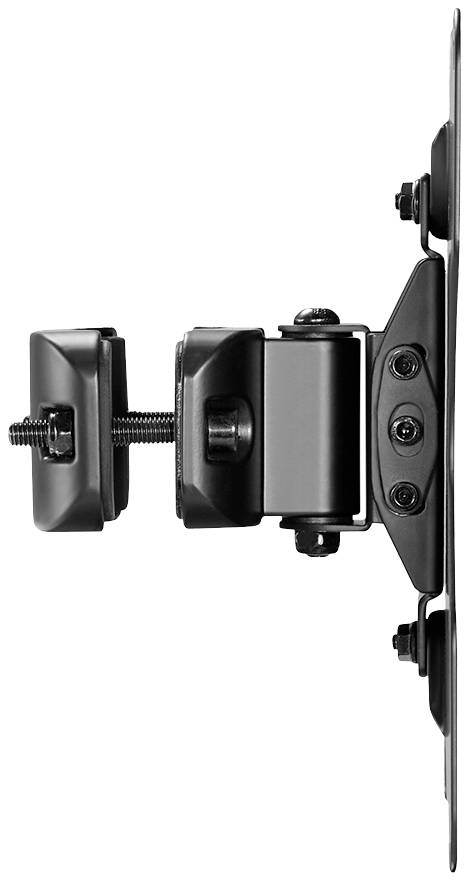 Side view of a black monitor mount with a joint. It shows a screw system for attaching the monitor to the wall.