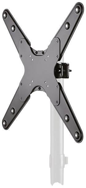 Black TV wall mount with cross-shaped design, mounted on a silver pole. Suitable for mounting a flat-screen television.