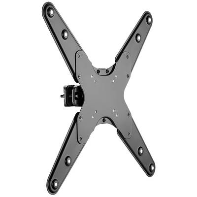 'Black TV wall mount with x-shaped design, suitable for securing flat screens. Includes drill holes for wall mounting.'