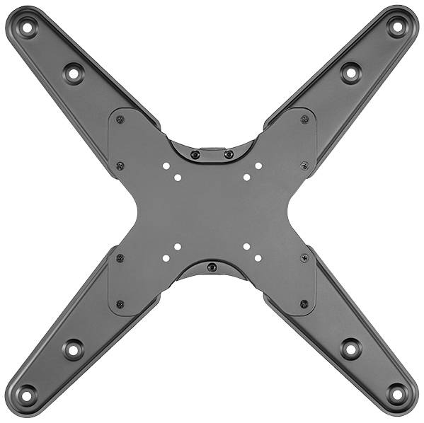 Black, cross-shaped TV wall mount with holes for wall mounting, ideal for securing flat screens of various sizes.