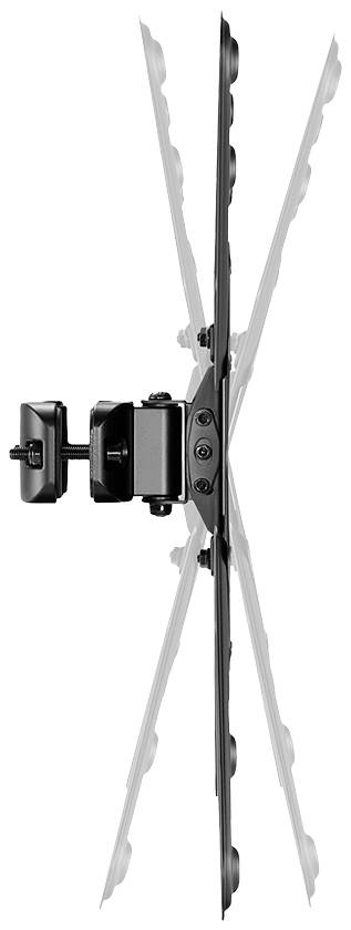A black, swivel TV wall mount. It allows vertical and horizontal positioning of a television.