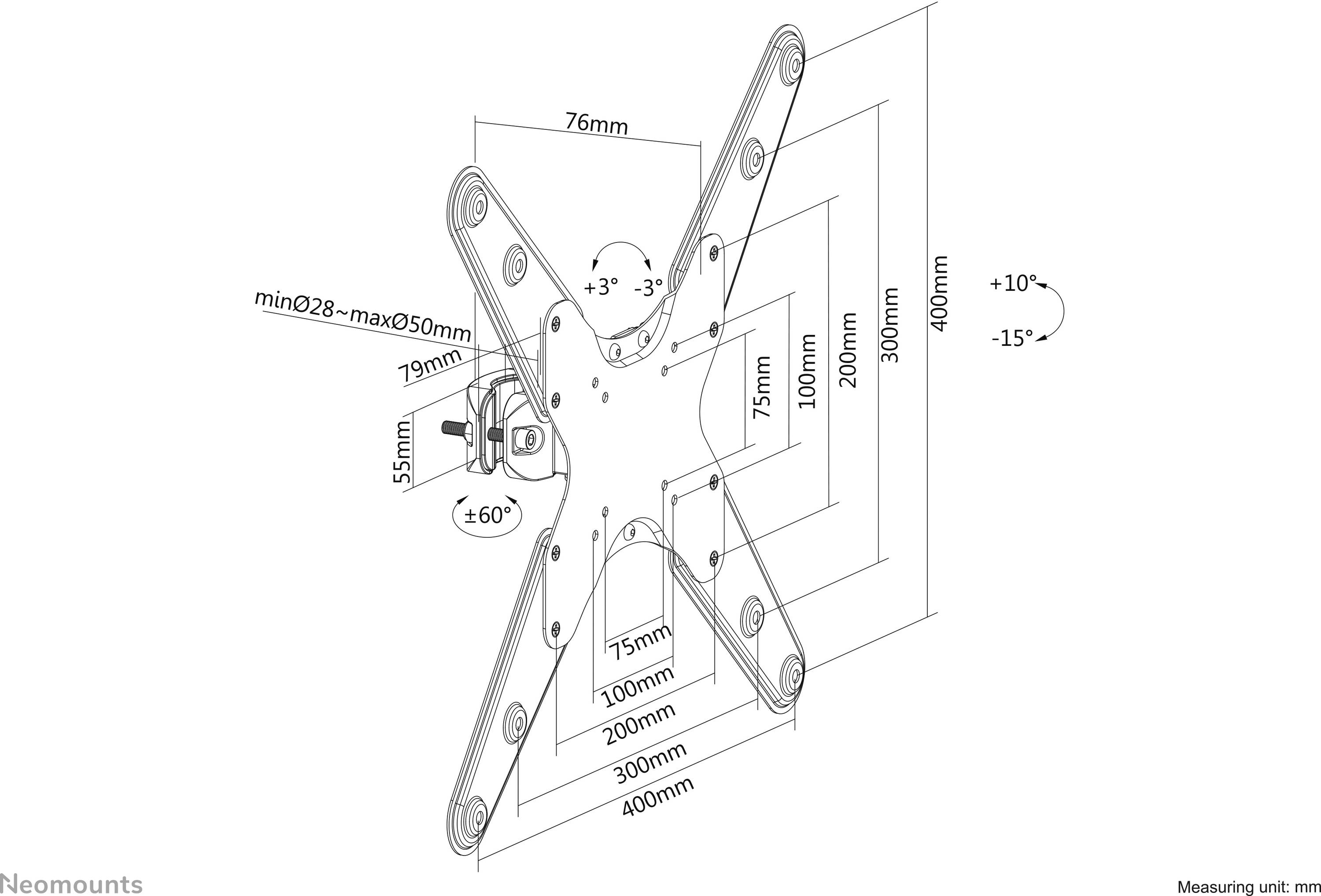 Assembly Instructions for a TV Mount: Rotation ±60°, Tilt +10°/-15°, Various Distances and Heights Marked for Precision.