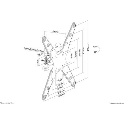 Assembly Instructions for a TV Mount: Rotation ±60°, Tilt +10°/-15°, Various Distances and Heights Marked for Precision.