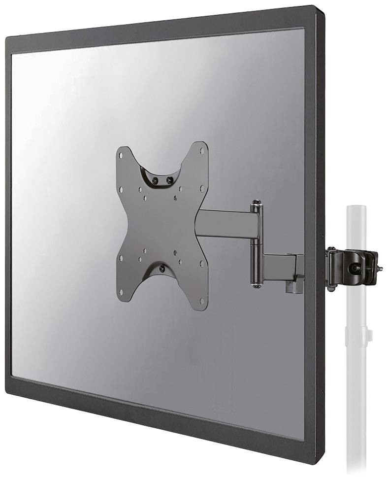 Metal monitor mount attached to a vertical pole, enabling flexible positioning and adjustment of the screen.