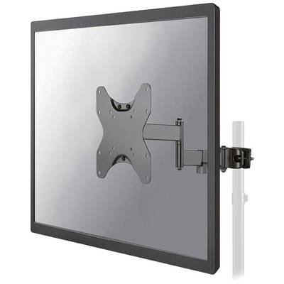 Metal monitor mount attached to a vertical pole, enabling flexible positioning and adjustment of the screen.