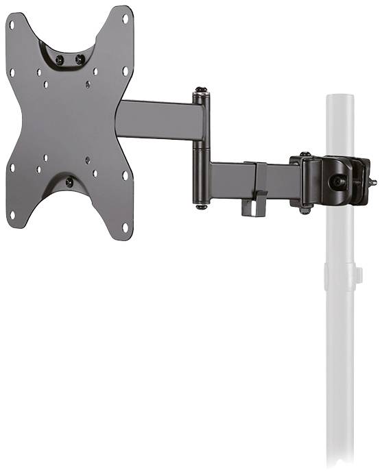 Swivel TV wall mount with extending arm and multiple mounting points, installed on a vertical pole.
