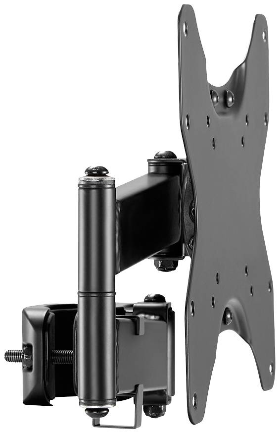 A rotatable and tiltable black metal TV wall mount, suitable for flat screens.