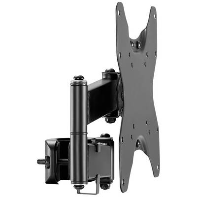 A rotatable and tiltable black metal TV wall mount, suitable for flat screens.