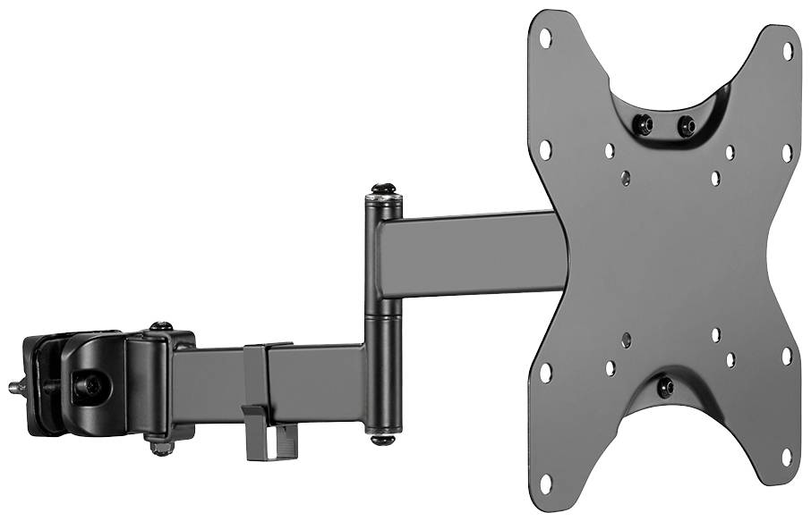 Black TV wall mount with articulating arm, suitable for flat screens. Adjustable for various viewing angles.