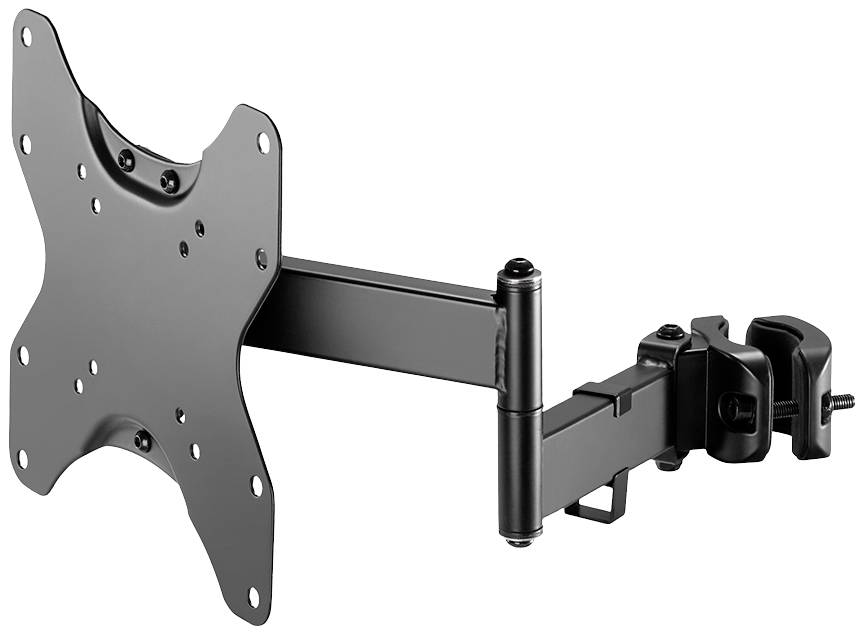 Black, swivel monitor mount with clamp attachment, suitable for VESA-compatible screens for flexible positioning.