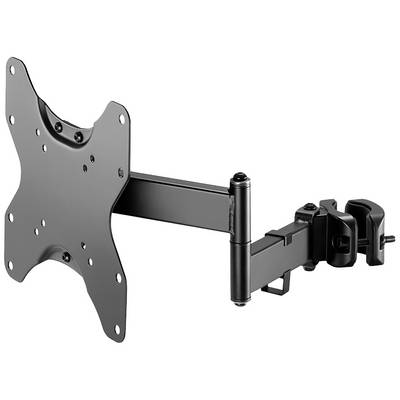Black, swivel monitor mount with clamp attachment, suitable for VESA-compatible screens for flexible positioning.