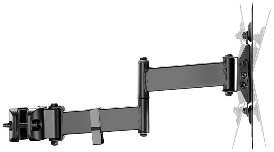 A black, adjustable monitor wall mount, showing arms with joints and clamps for flexibility and stability.