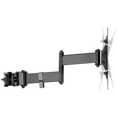 A black, adjustable monitor wall mount, showing arms with joints and clamps for flexibility and stability.