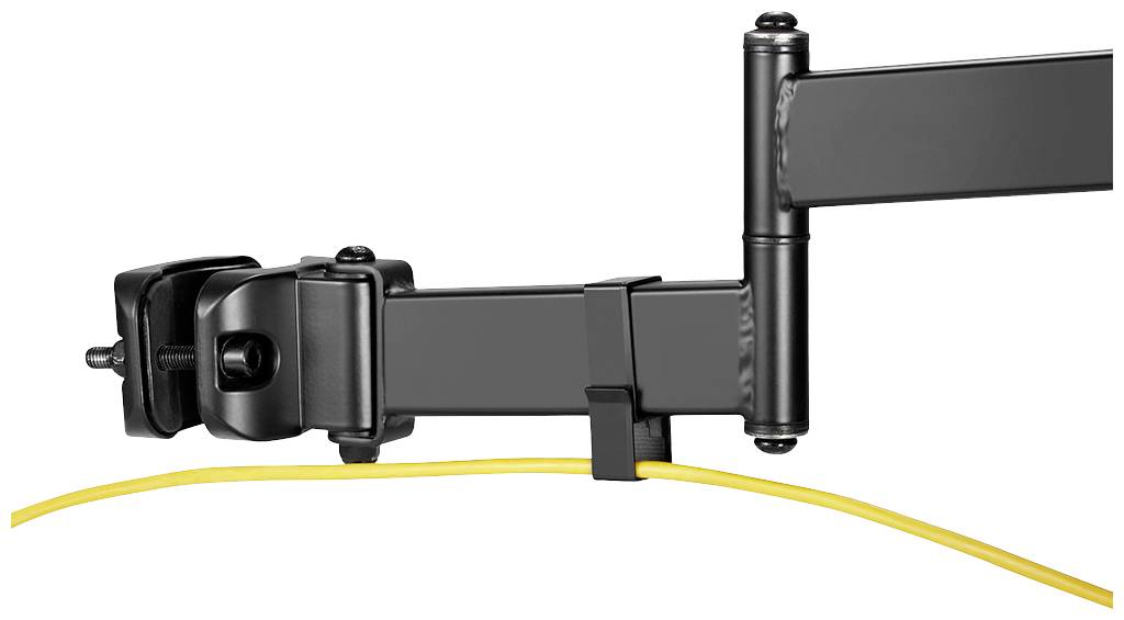 A black arm with a yellow cable attached, likely part of a monitor mount.