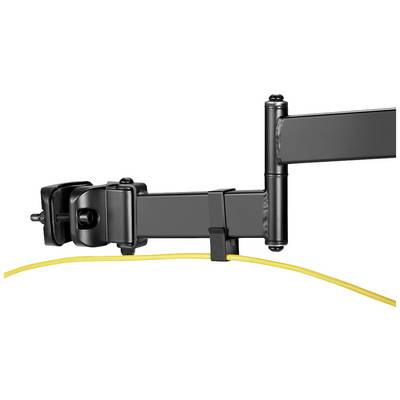 A black arm with a yellow cable attached, likely part of a monitor mount.