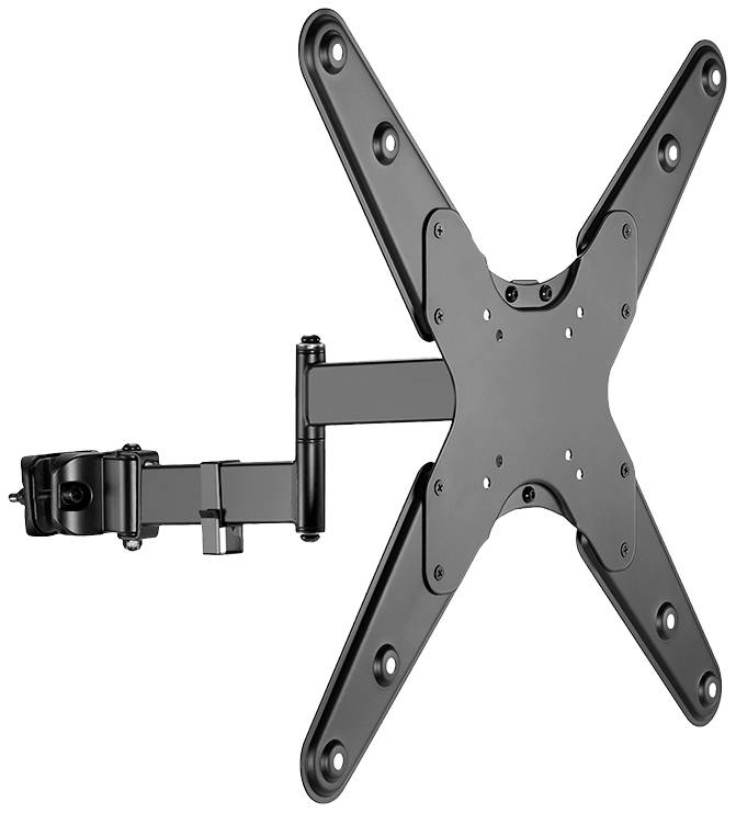 Pivoting TV wall mount made of black metal with four extended arms and multiple screw holes for secure mounting.