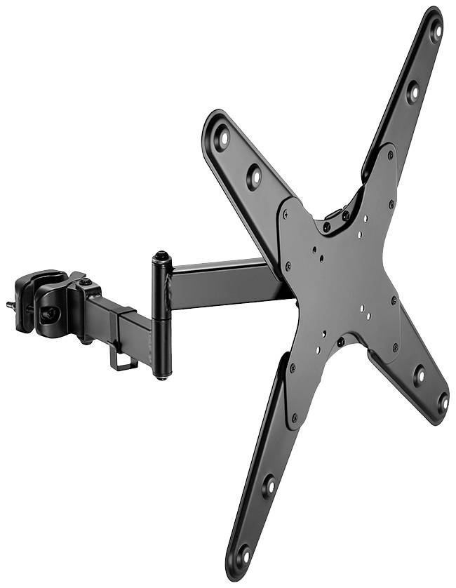 A black adjustable wall mount for flat screens, with four arms and a mounting bracket on the side.