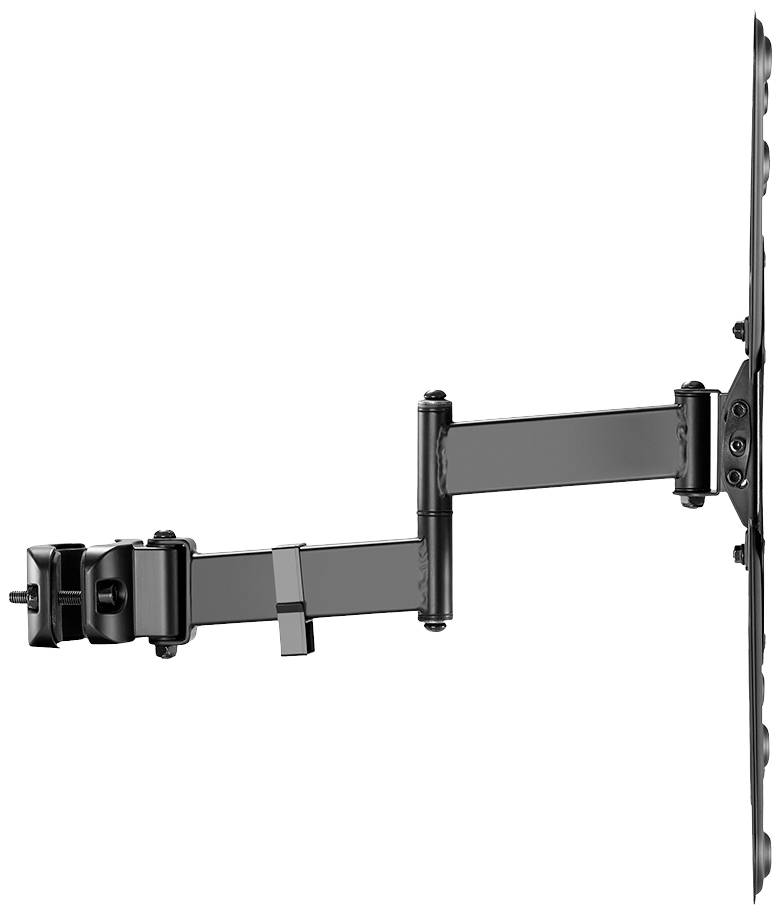 Black TV wall mount with fully articulating arm, mounted on a wall. Suitable for mounting flat-screen televisions.