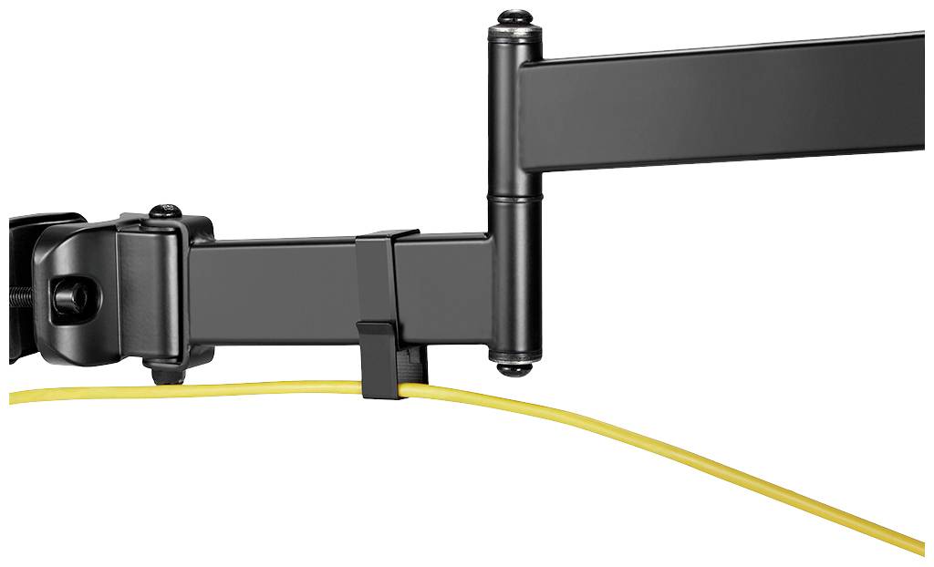 A black articulated arm with a cable holder guiding a yellow cable. Suitable for organising cables on mounting points.