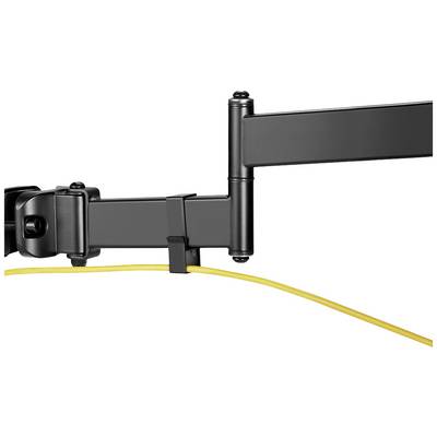 A black articulated arm with a cable holder guiding a yellow cable. Suitable for organising cables on mounting points.
