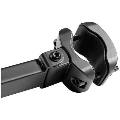 Black metal pipe clamp with screws, attached to a pipe. It is used for securely fastening attachments.