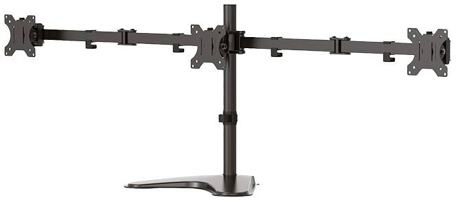 Four-monitor stand with sturdy base. Two adjustable arms each holding two screens. Screw fastenings visible.