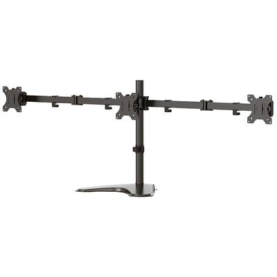 Four-monitor stand with sturdy base. Two adjustable arms each holding two screens. Screw fastenings visible.