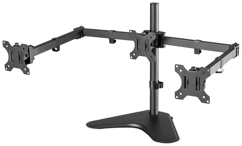 A black, adjustable monitor stand with space for two screens. It features a robust base and flexible articulated arms.